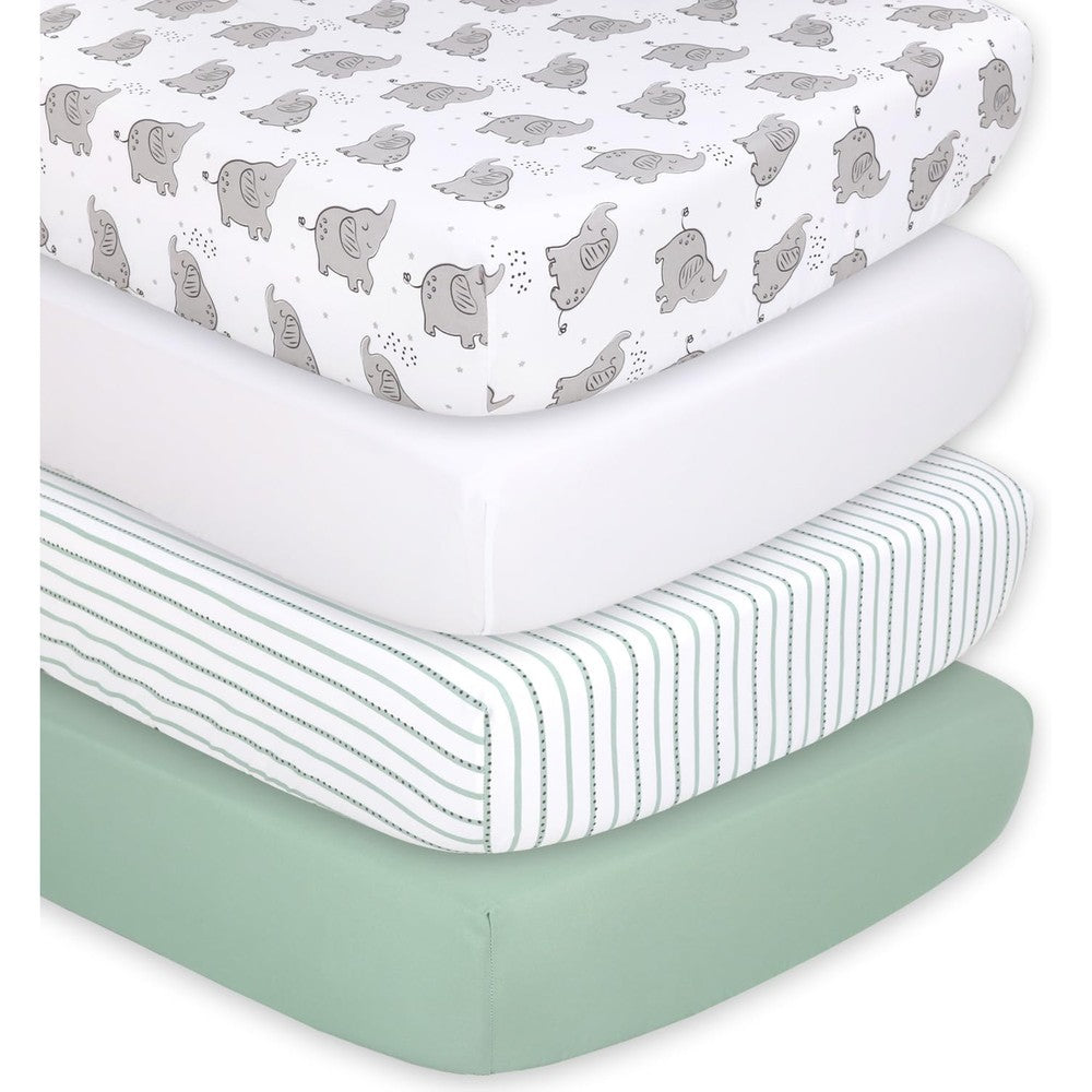 The Peanutshell 4-Pack Fitted Crib Sheet Set with elephant prints
