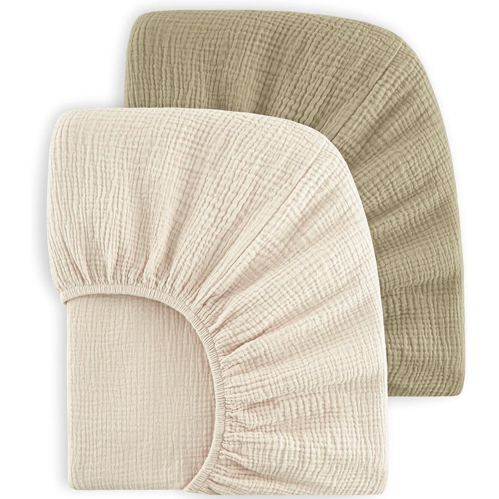 Bearmoss muslin crib sheets in oat latte color front view