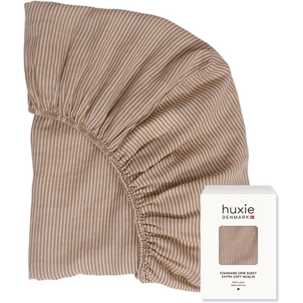 Huxie organic cotton muslin crib sheet in natural stripe pattern