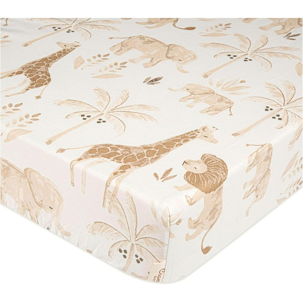 Crane Baby Safari Nursery Crib Sheet front view showing watercolor animal print