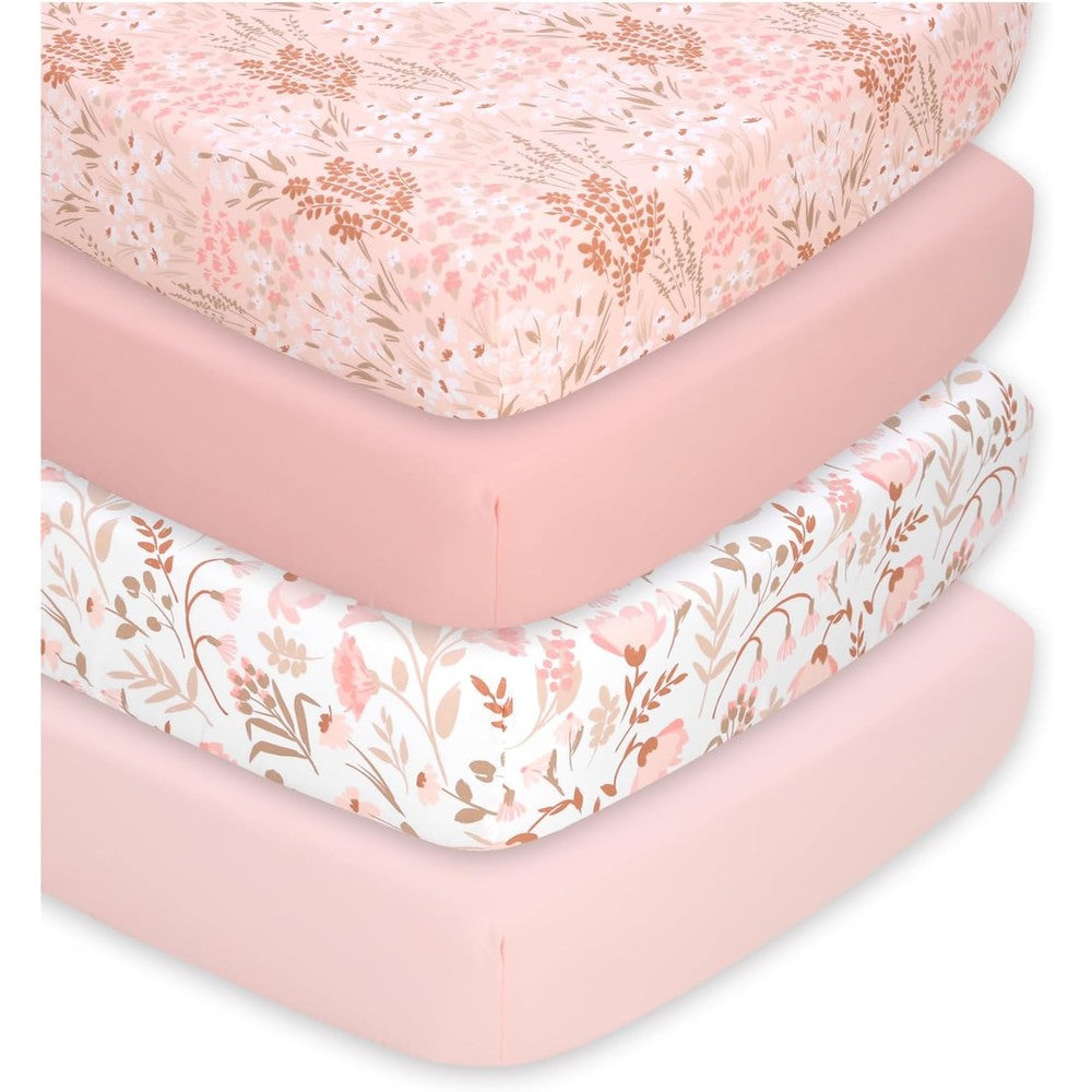 The Peanutshell 4-Pack Fitted Crib Sheet Set front view floral design