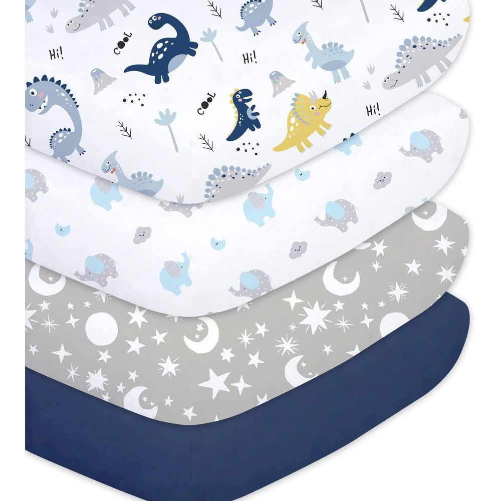 Plushii 4 Pack Fitted Crib Sheets For Baby Boys Extra Soft Microfiber For Standard Crib And Toddler Mattress 28 Inch By 52 Inch Dinosaur And Elephant - Image 1