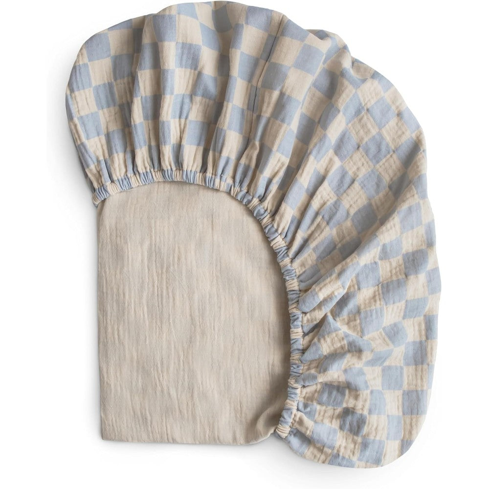 Mushie Extra Soft Muslin Fitted Crib Sheet Blue Check top view