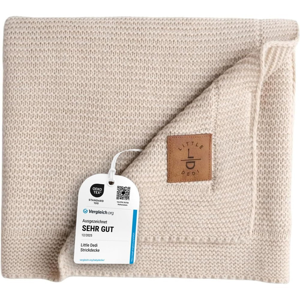 Little Dedi Soft Baby Knitted Blanket front view in neutral stone color showcase premium cable knit texture