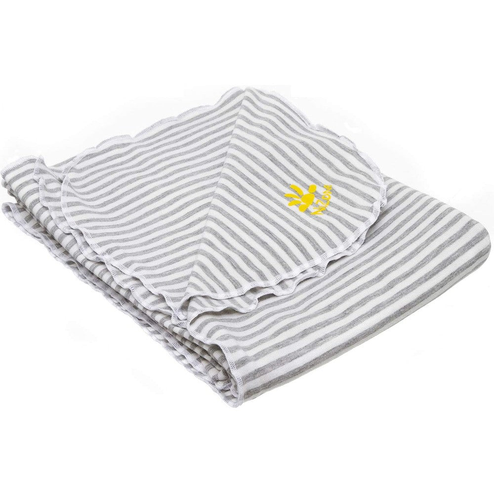 Nozone UPF 50 Plus Sun Protective Baby Blanket in white and grey stripe front view showing soft premium bamboo fabric.