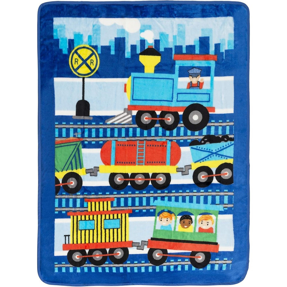 Everyday Kids toddler throw blanket front view showing blue choo choo train pattern
