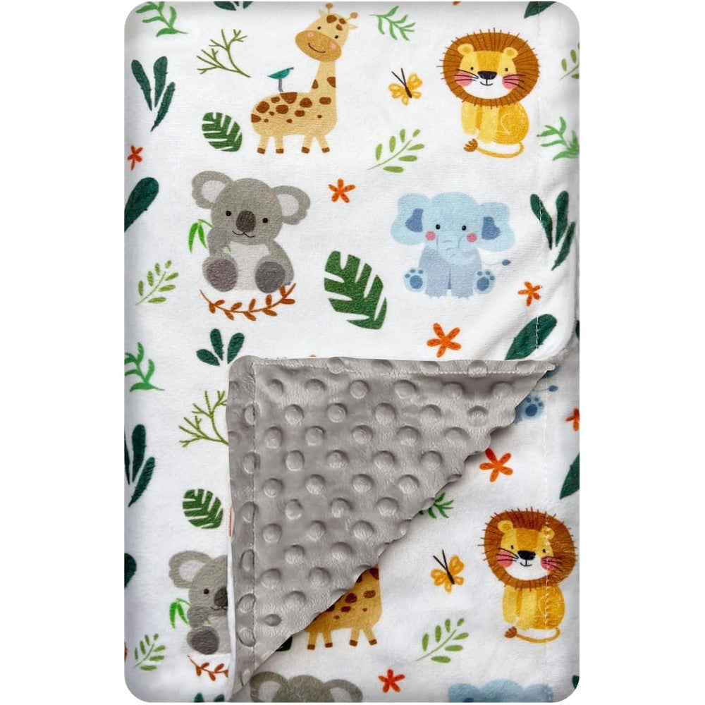 BUTTZO Cute Animal Minky Baby Blanket front view showcasing the colourful woodland print.