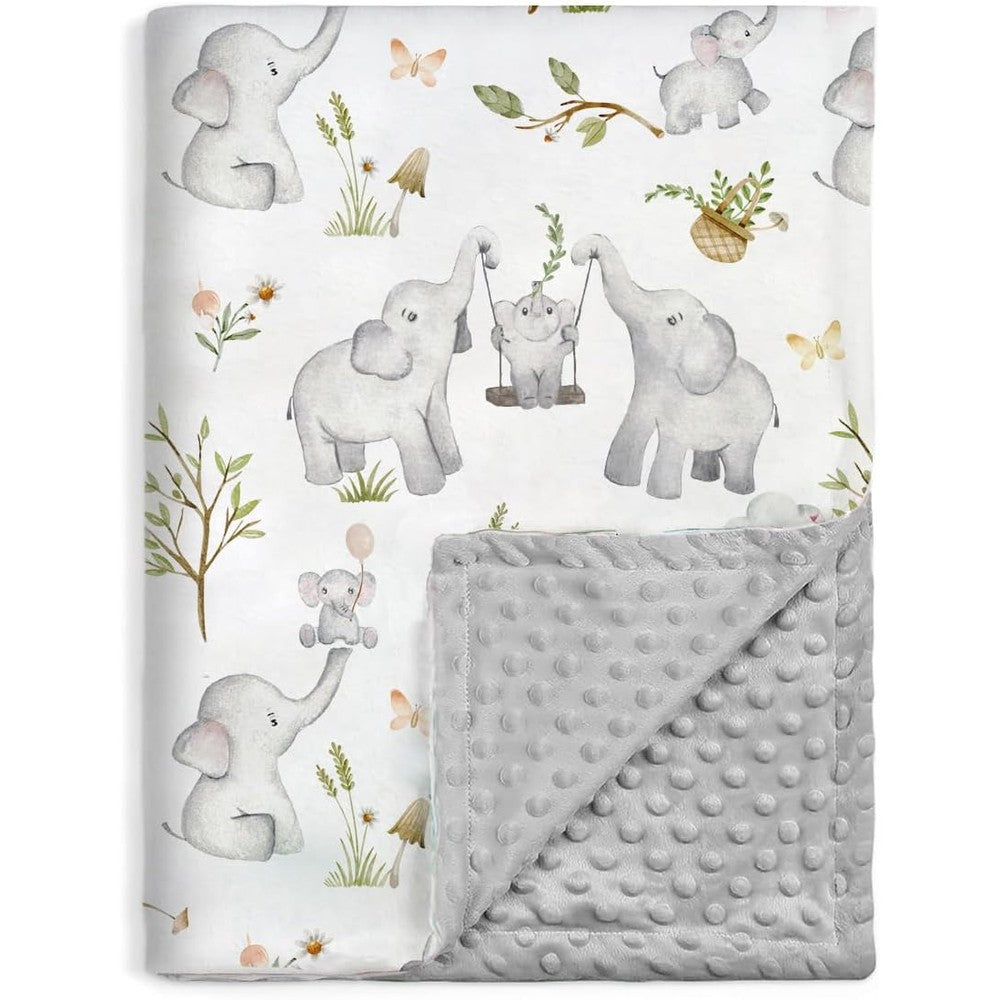 BOPRIO baby blanket front view showing the grey elephant pattern and soft minky fabric for premium nursery bedding.