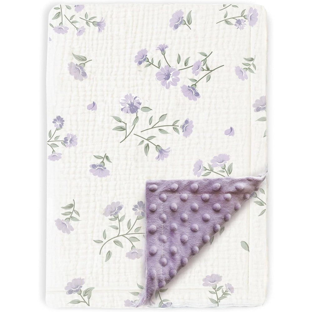 BOPRIO baby blanket front view showing the lavender pink floral printed muslin cotton fabric.