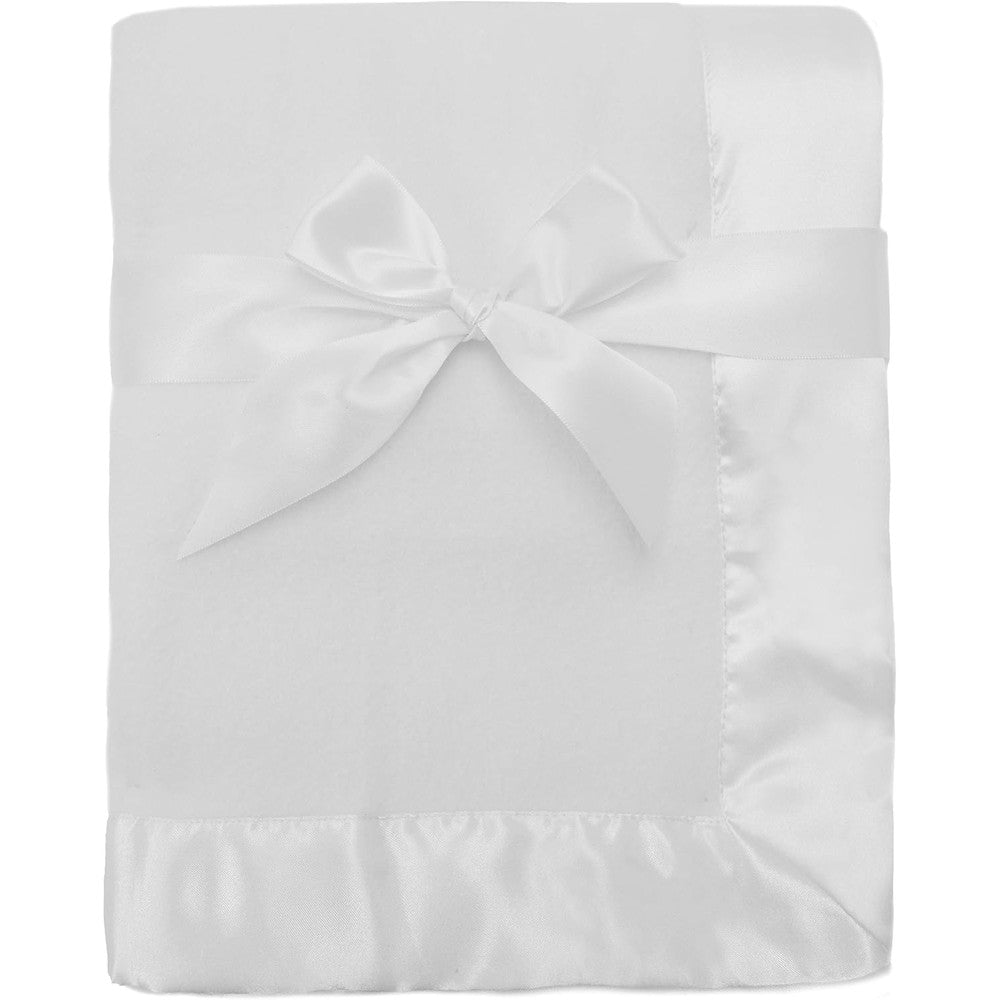 American Baby Company fleece blanket front view showing the soft white fabric and premium satin trim.