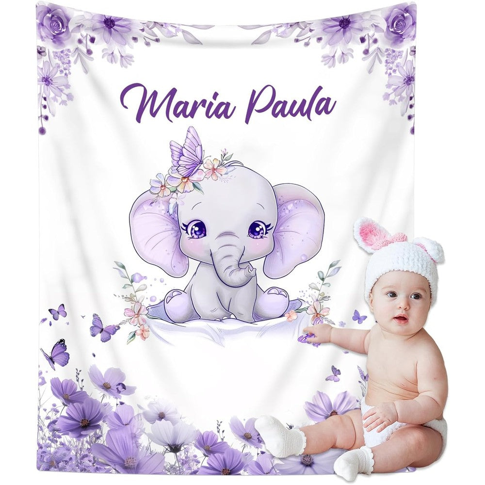 Giftoria personalized baby blanket front view showing purple watercolor theme