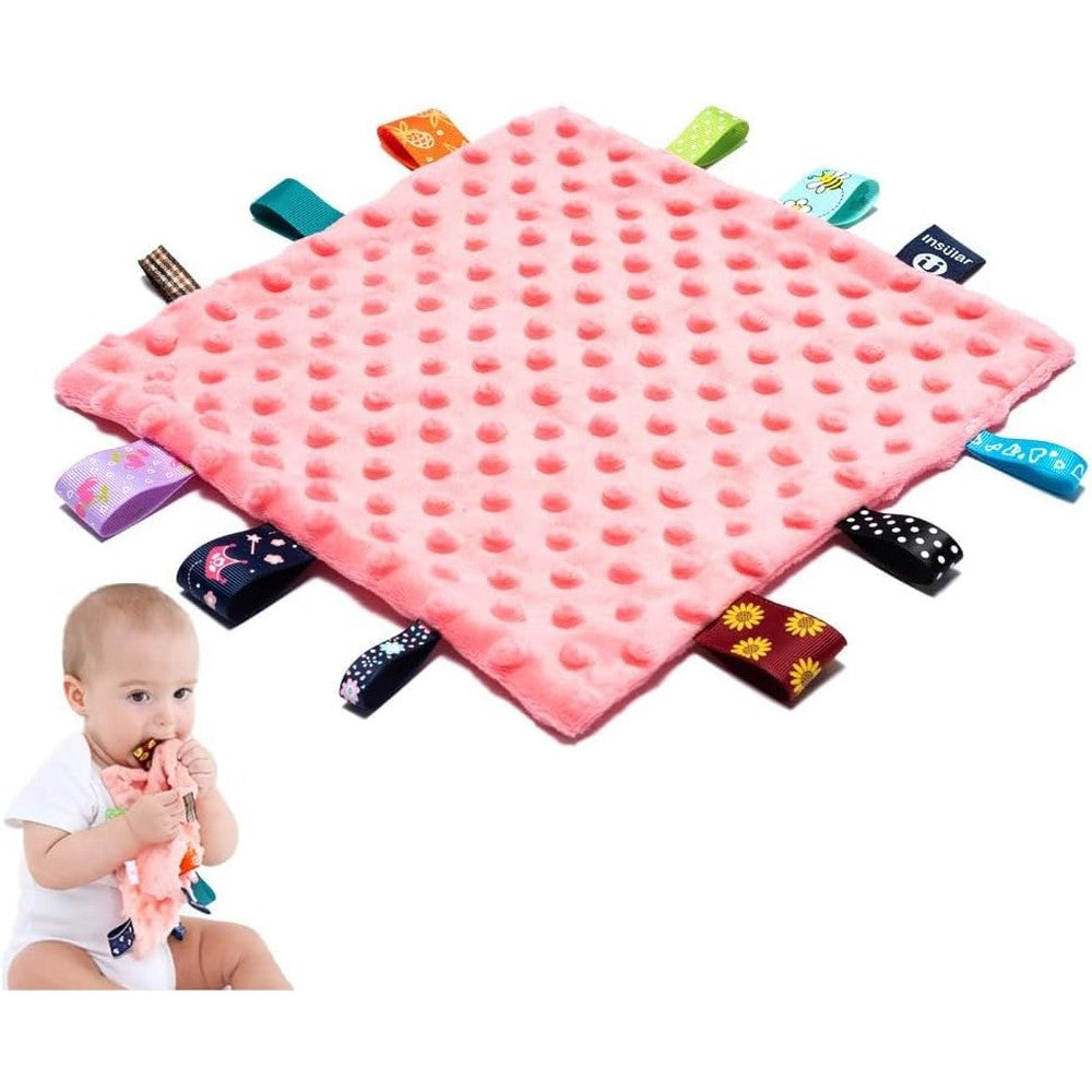 AnjeeIOT baby tags security blanket front view pink sensory lovey