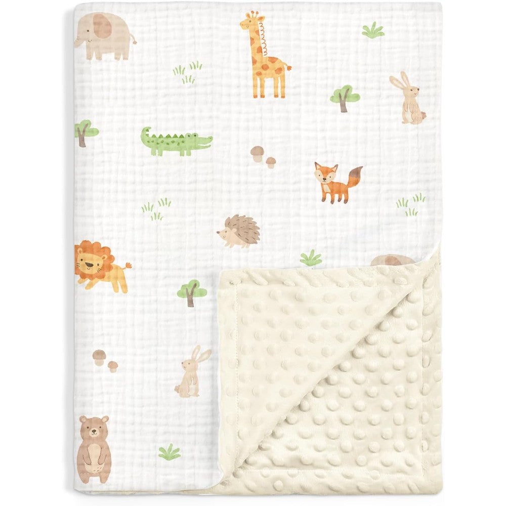 Sandjest animal baby blanket front view showing the soft printed muslin cotton layer.