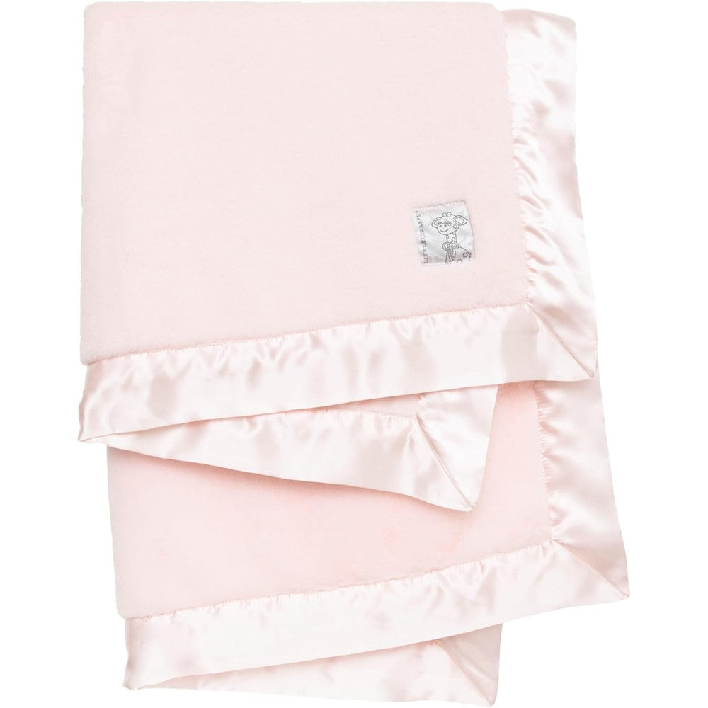 Little Giraffe Posh Mink Baby Blanket front view folded plush pink faux fur fabric with glossy satin border