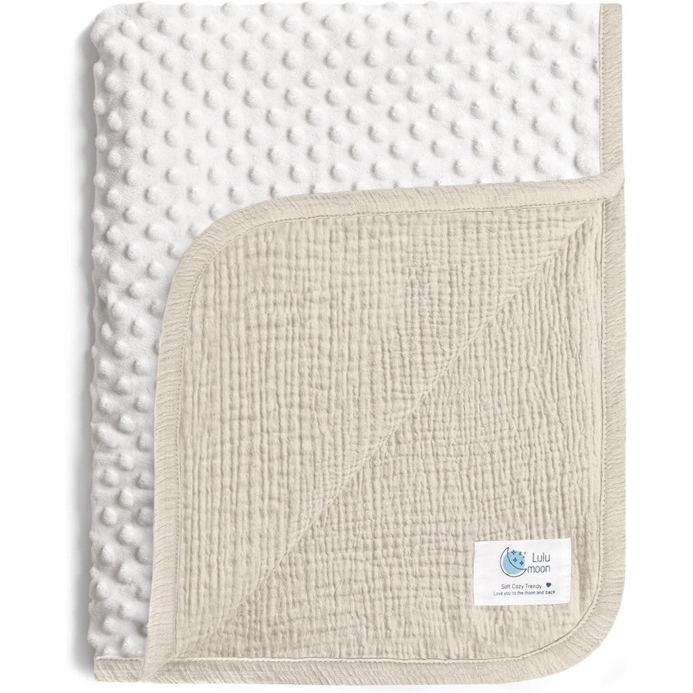 Lulumoon muslin and minky dot baby blanket in ivory front view.