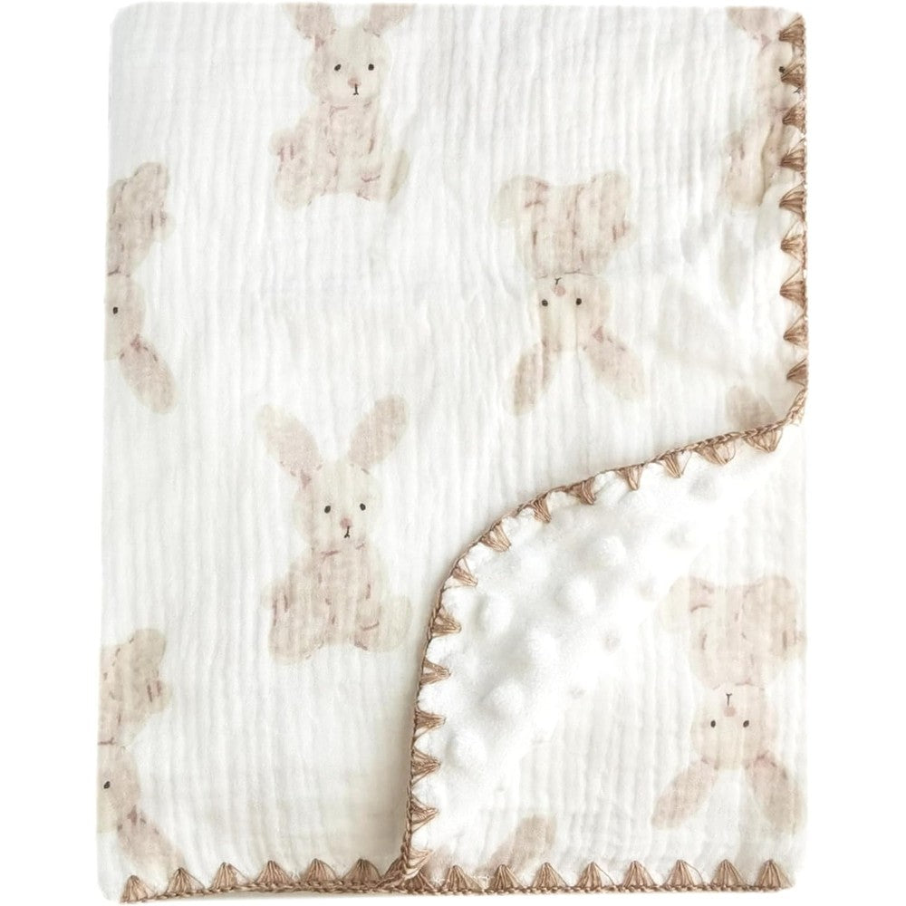 Gunnaicat baby muslin thick blanket front view showcasing the cute bunny pattern.