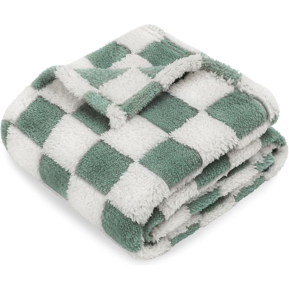 HOMRITAR checkered baby blanket sage green front view soft fleece material