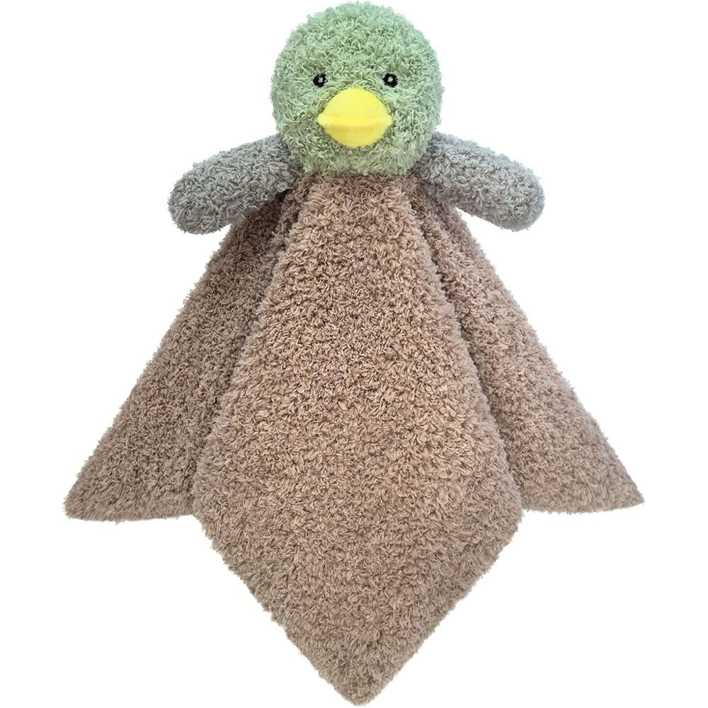 Doindute baby mallard duck security blanket front view featuring plush green duck head and soft microfiber cloth.