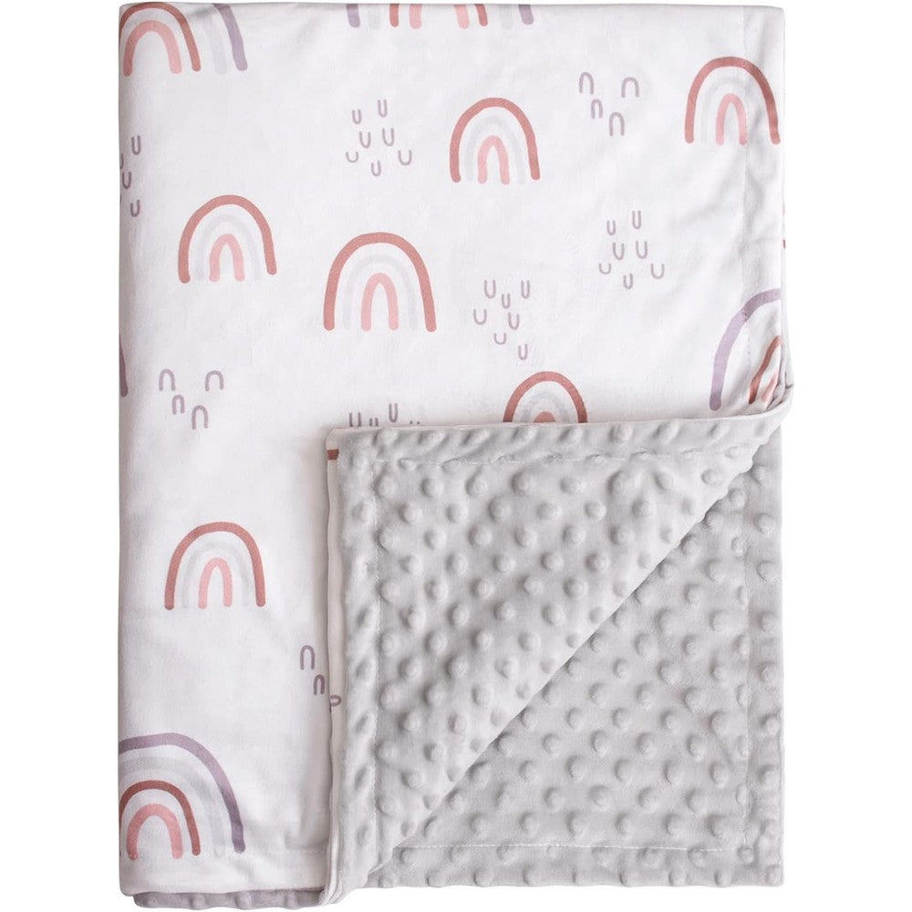 Soarwg Kids rainbow minky baby blanket front view showing the colorful pastel print.