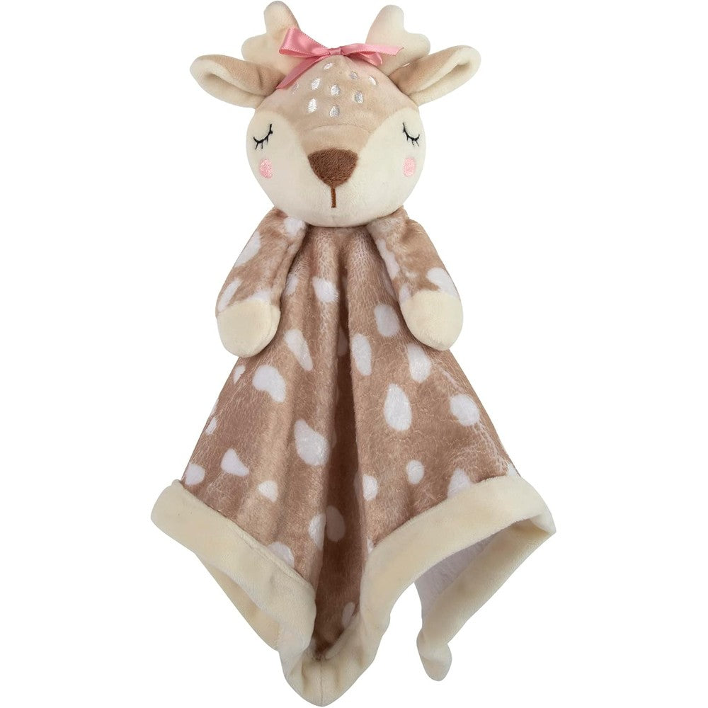 Baby Essentials minky animal lovey snuggler blanket front view featuring plush deer head with pink bow
