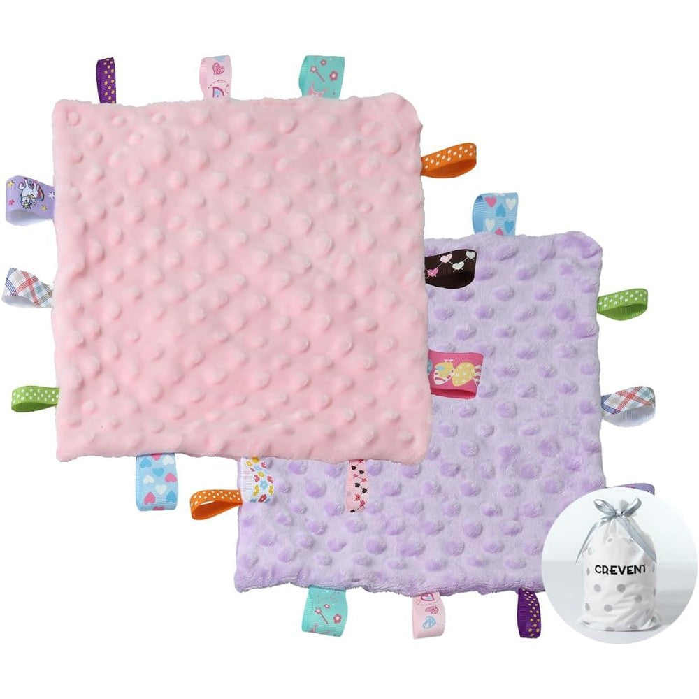 CREVENT tag security blanket for babies front view showing purple and pink sensory tags.
