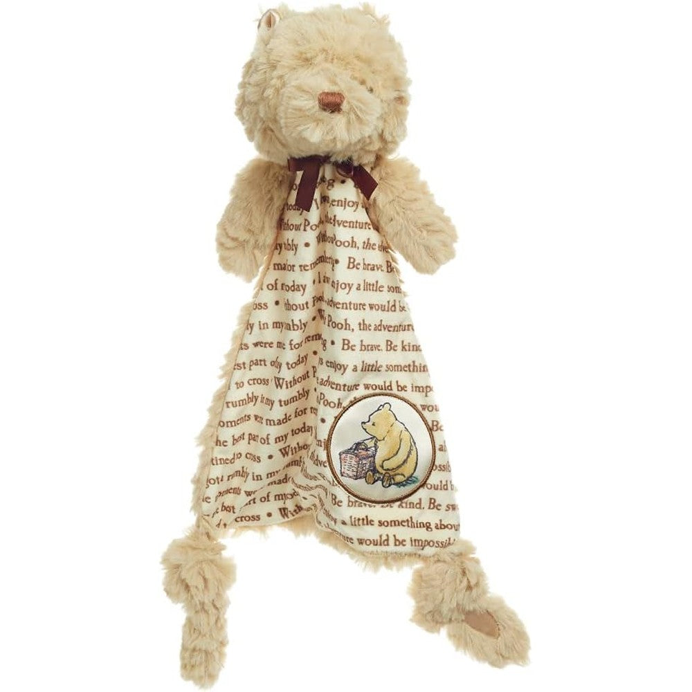 Kids Preferred Disney Baby Classic Winnie The Pooh Lovey Security Blanket front view showing plush bear head and storybook print fabric.