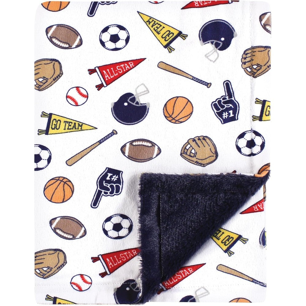Hudson Baby infant boy plush blanket sports fan front view showing thematic print.