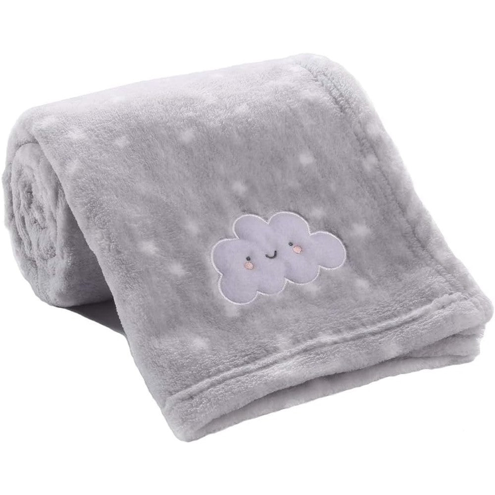 CREVENT baby blanket front view showing grey cloud embroidered design