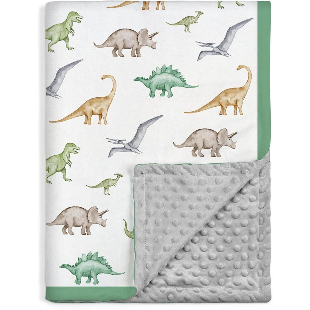 Sandjest Dinosaurs Minky Baby Blanket front view showcasing the white watercolor dinosaur print fabric.