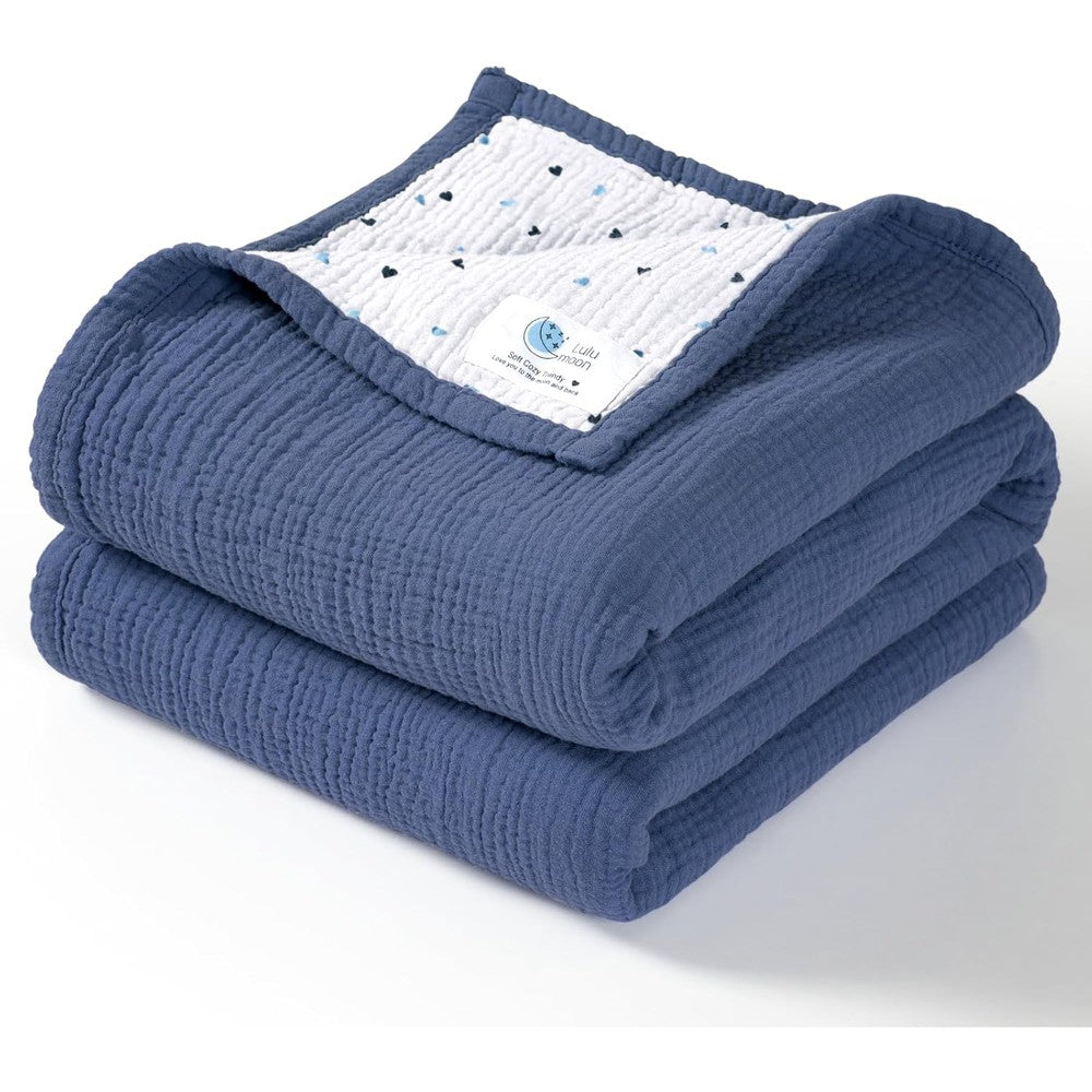 Lulumoon muslin baby blanket front view showing the soft blue four-layer cotton quilt weave.