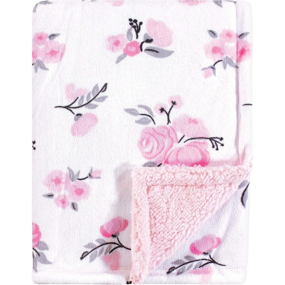 Hudson Baby unisex baby plush mink and sherpa blanket pink floral front view