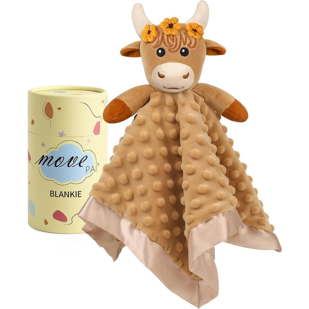 MOVEPAI highland cow baby security blanket front view showing plush stuffed animal head