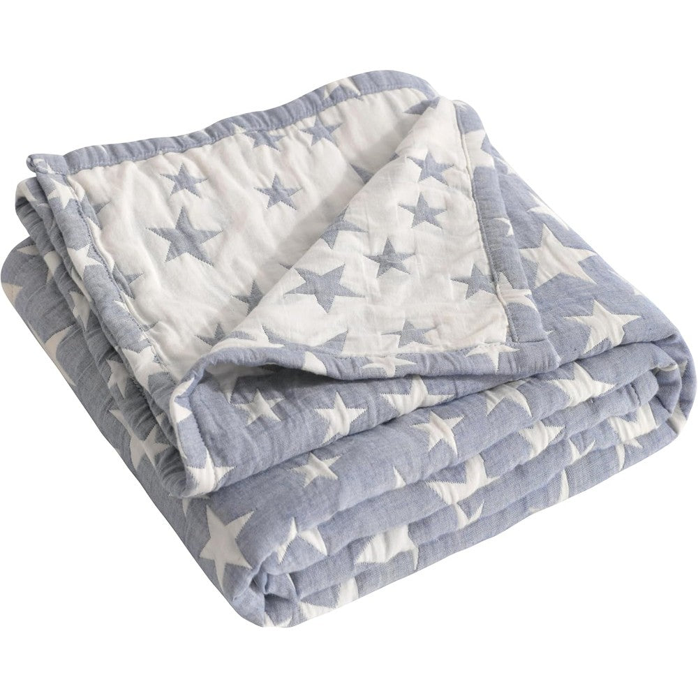 NTBAY three layer muslin cotton toddler blanket front view blue star pattern crib bedding
