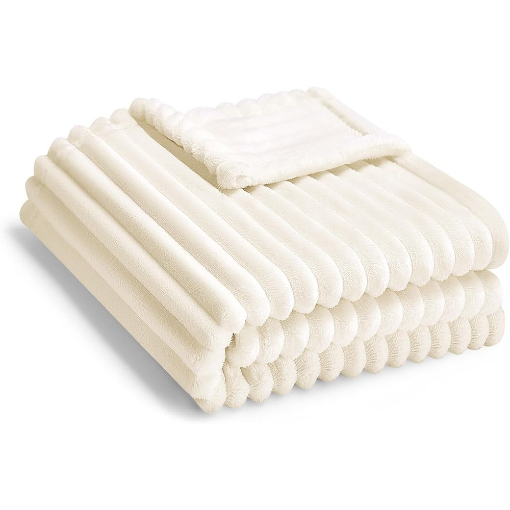 Eonkasp soft fleece baby blanket in cream front view showing reversible stripe pattern