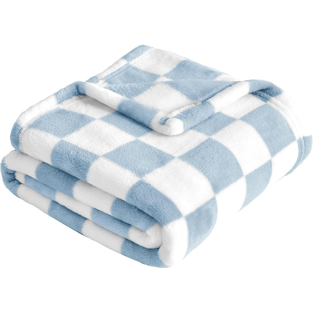 Yurhap Checkered Fleece Baby Blanket front view showing blue and white checkered pattern.