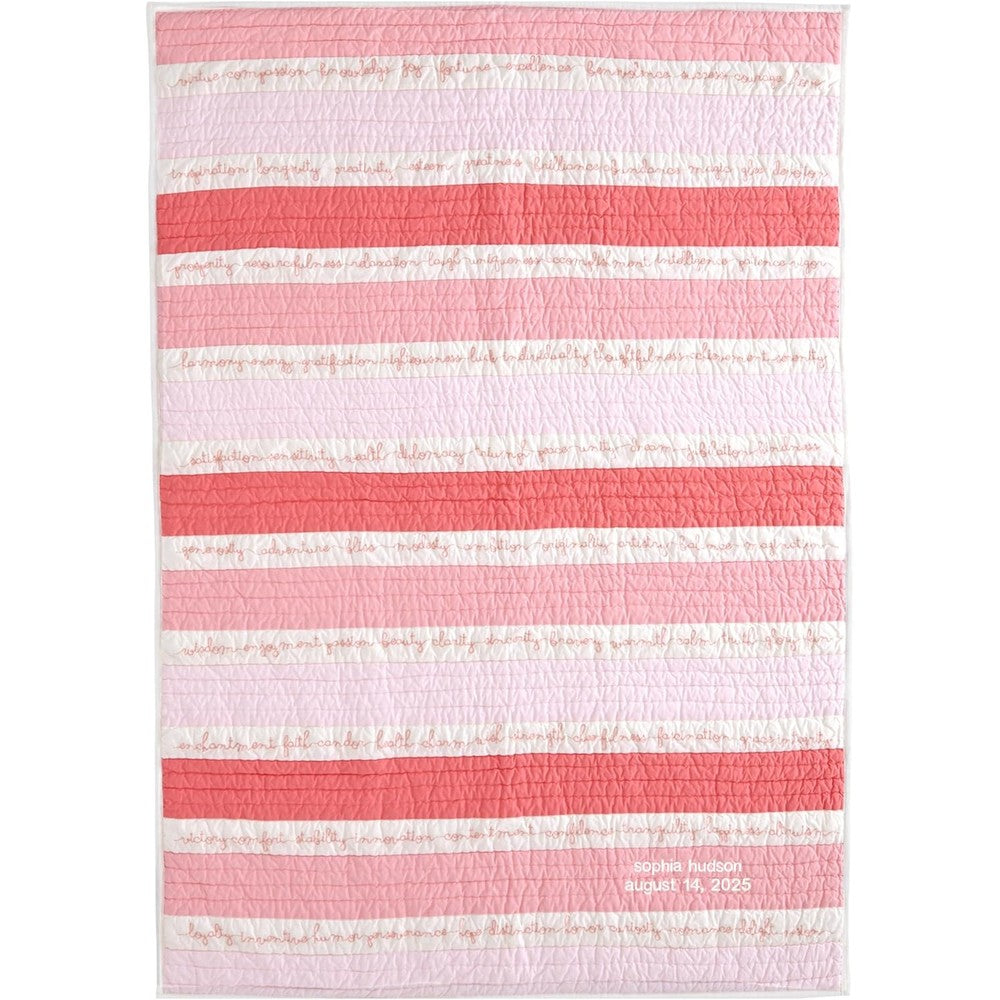 Let's Make Memories Personalized Baby Quilt front view showing pink and white stripes with cursive virtue embroidery.