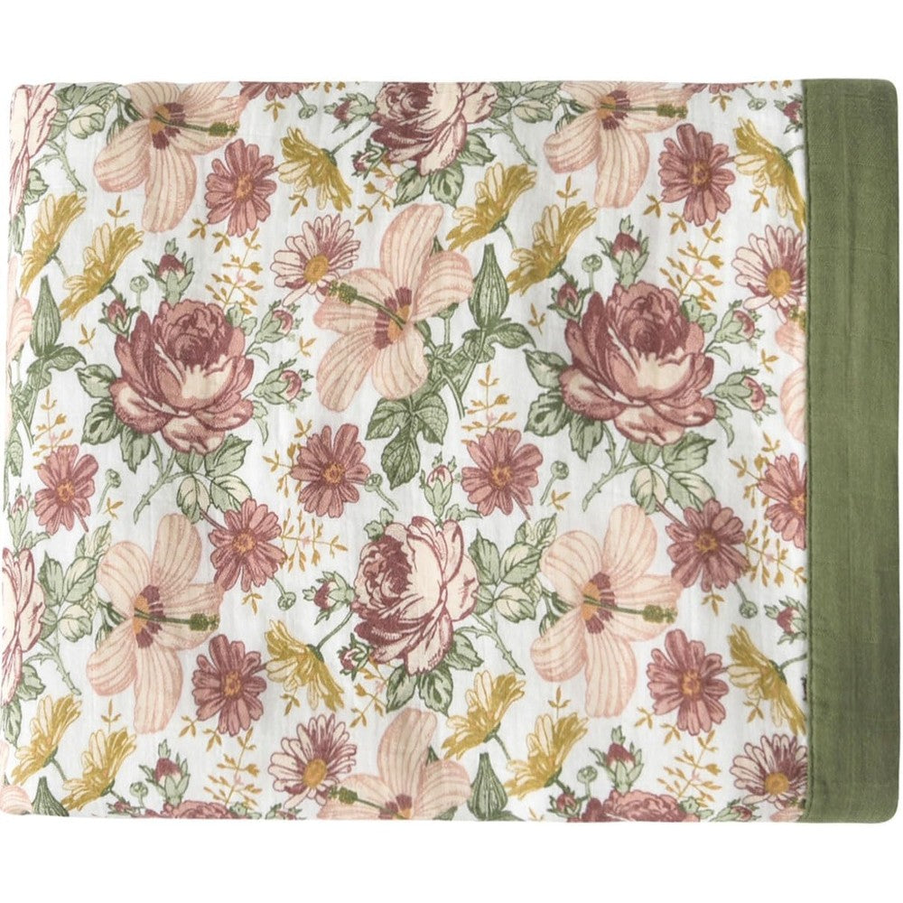 Little Jump Boho Vintage Floral Muslin Blanket front view flat lay showcasing the delicate wildflower pattern.