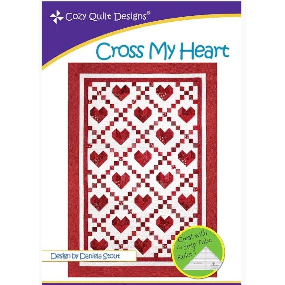 Cozy Quilt Designs Cross My Heart sewing pattern front cover showing red and white heart quilt design