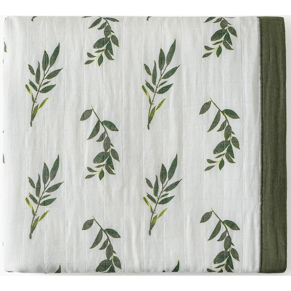 Little Jump Muslin Quilt Toddler Blanket front view showing the elegant olive branches print