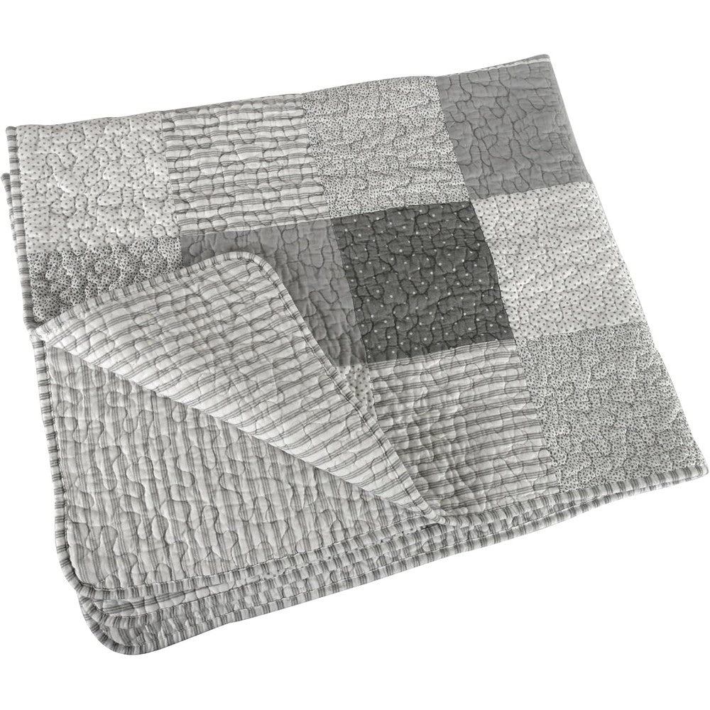 Stephan Baby heirloom quality pieced crib quilt front view showcasing gray and white stripes and dots patchwork design.