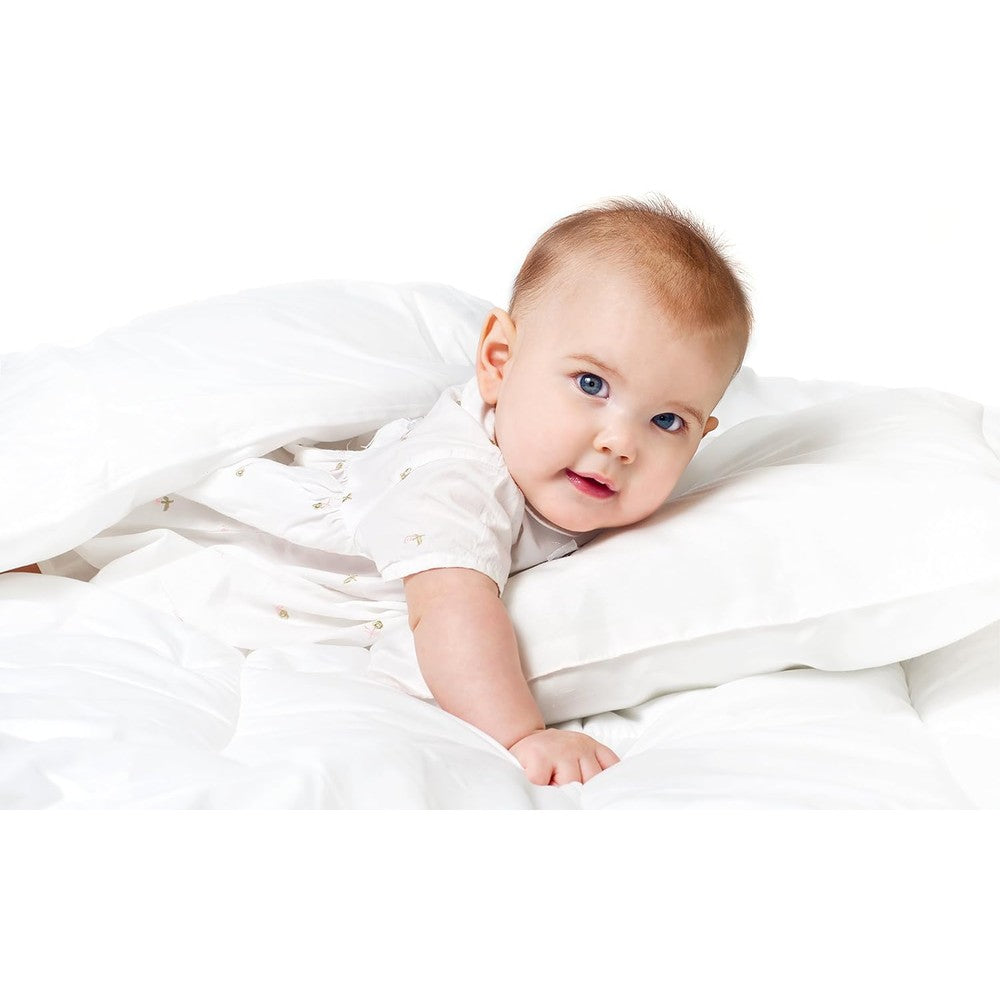 DownTown Company Alpine down alternative crib comforter front view showcasing white quilted box stitch design.