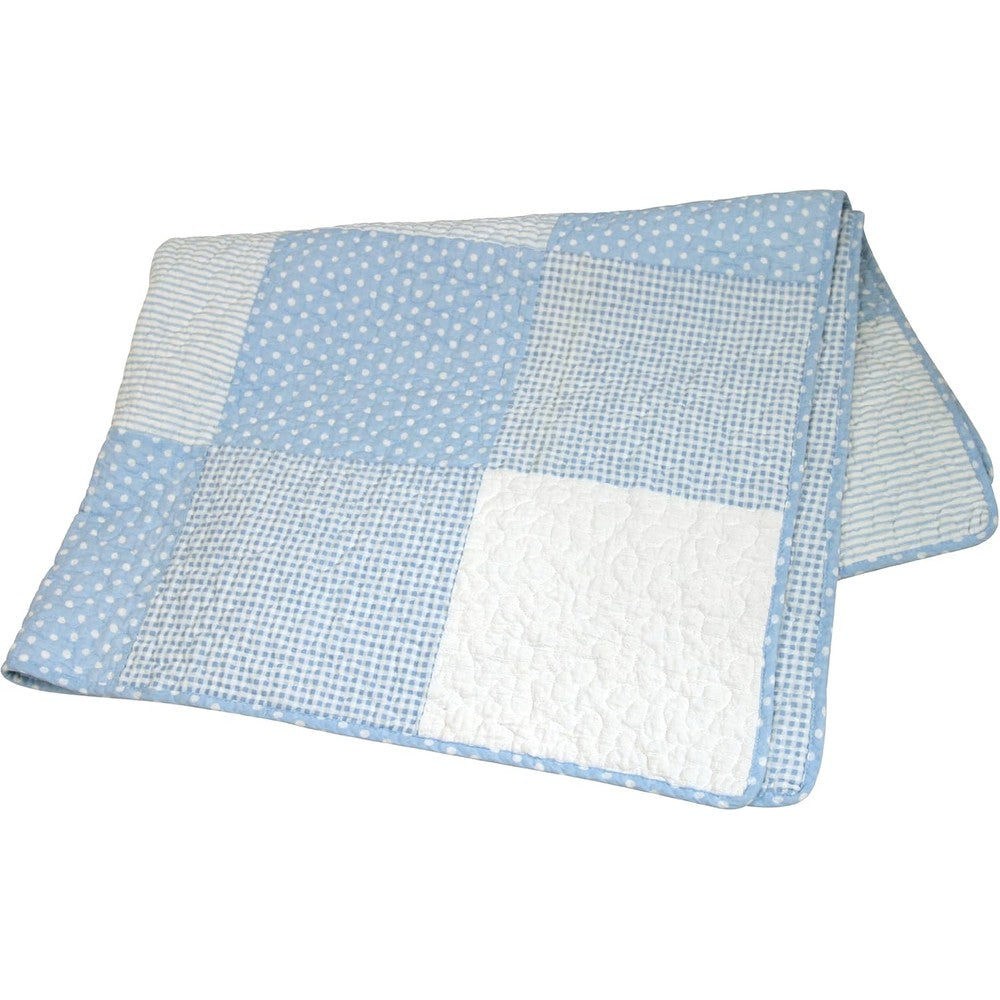 Stephan Baby Heirloom Quality Pieced Crib Quilt front view showcasing blue and white vintage dot patchwork pattern nursery bedding.