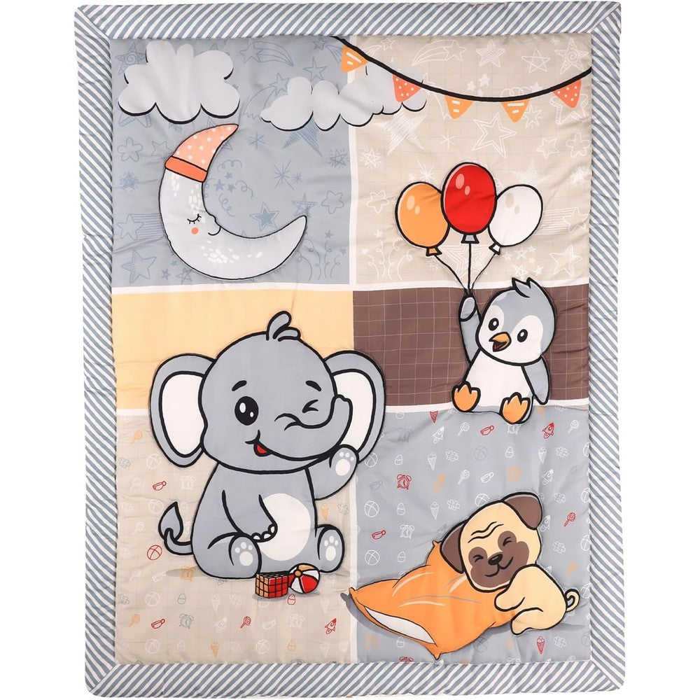 Baby Bees Elephant Moon Crib Quilt front view showing the soft grey microfiber fabric and elephant pattern.