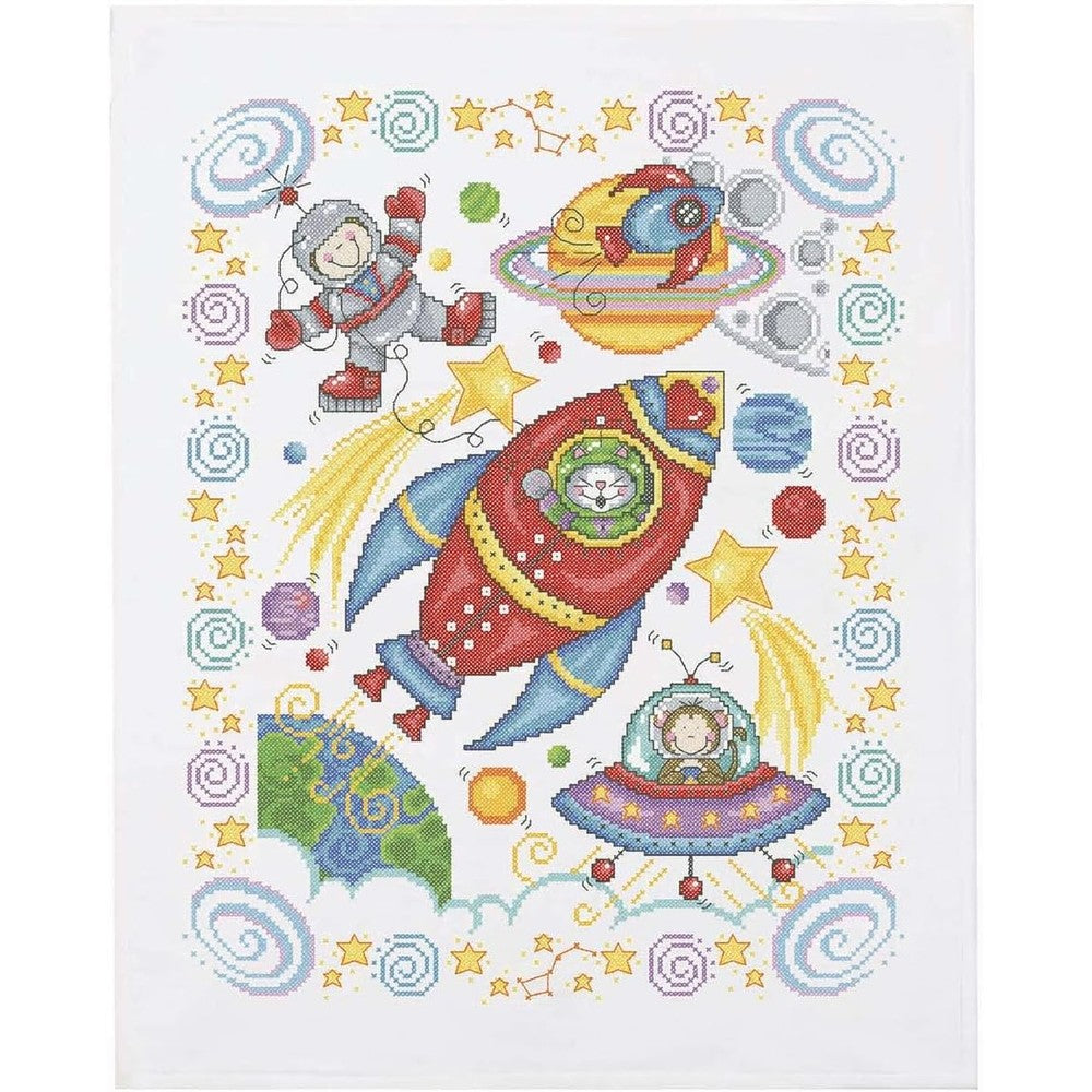 Herrschners Baby Out of This World Value Baby Quilt Top front view featuring space themed embroidery patterns for nursery crafting.