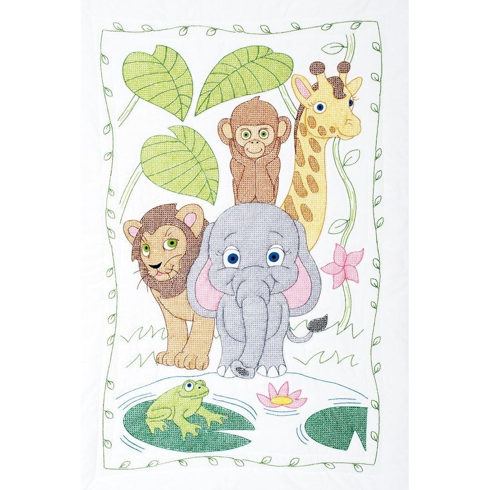 Jack Dempsey Needle Art Jungle Crib Quilt Top front view featuring pre-printed animal outlines for embroidery projects.