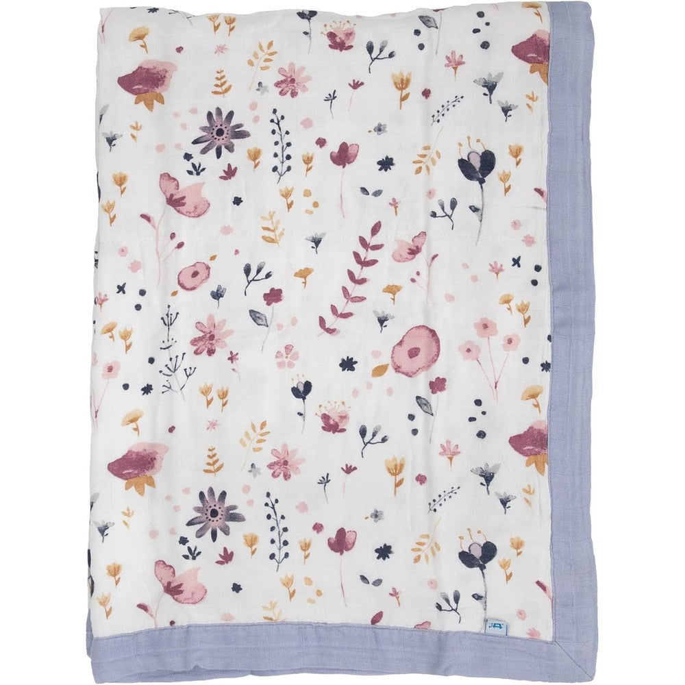Little Unicorn Deluxe Muslin Quilt front view showing the delicate Fairy Gardens floral print.