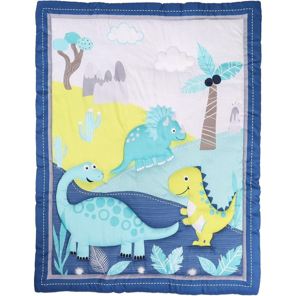 TEALP dinosaur crib quilt front view showing blue and yellow design with embroidered T-Rex.