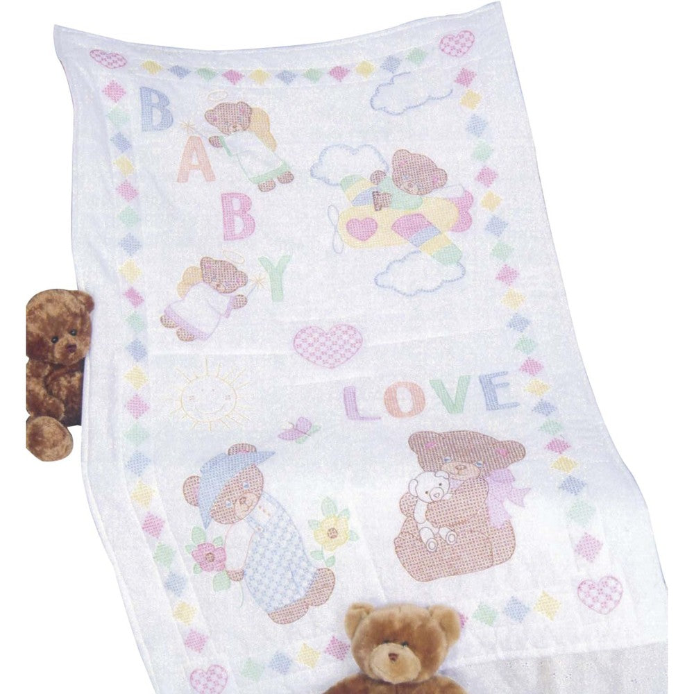 Jack Dempsey Needle Art Baby Love Bears Stamped White Crib Quilt Top front view featuring pre-printed teddy bear embroidery patterns.