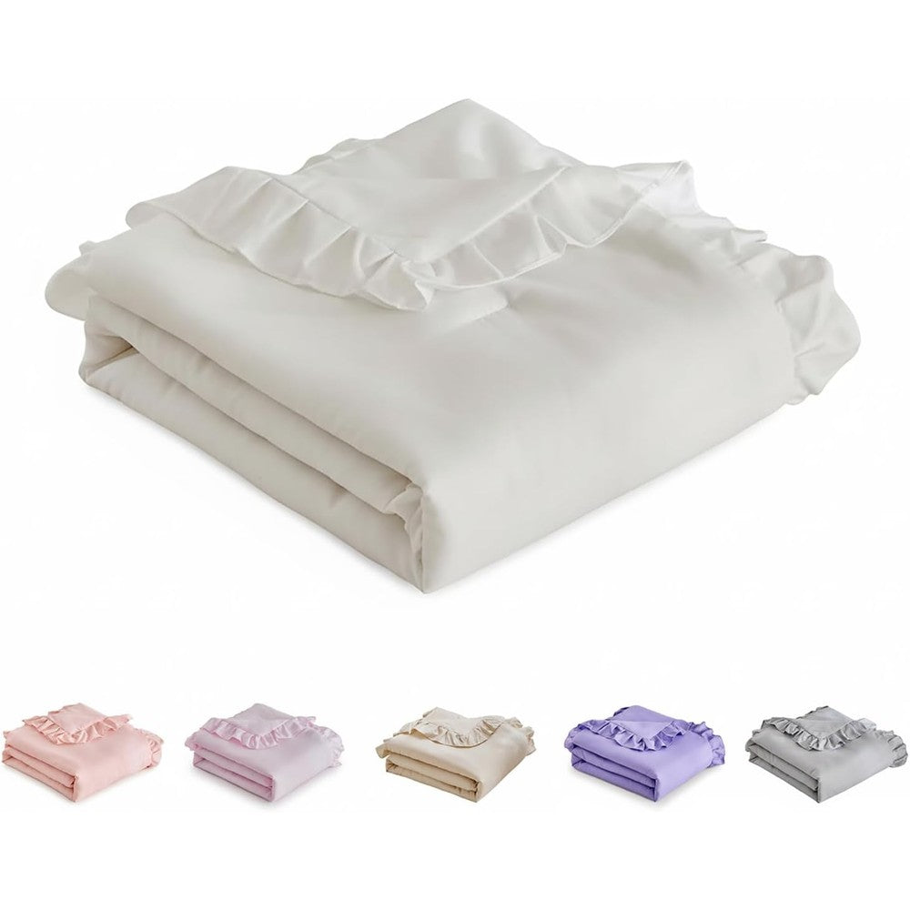 Uozzi Bedding ruffled toddler blanket front view showcasing the white microfiber quilted design.