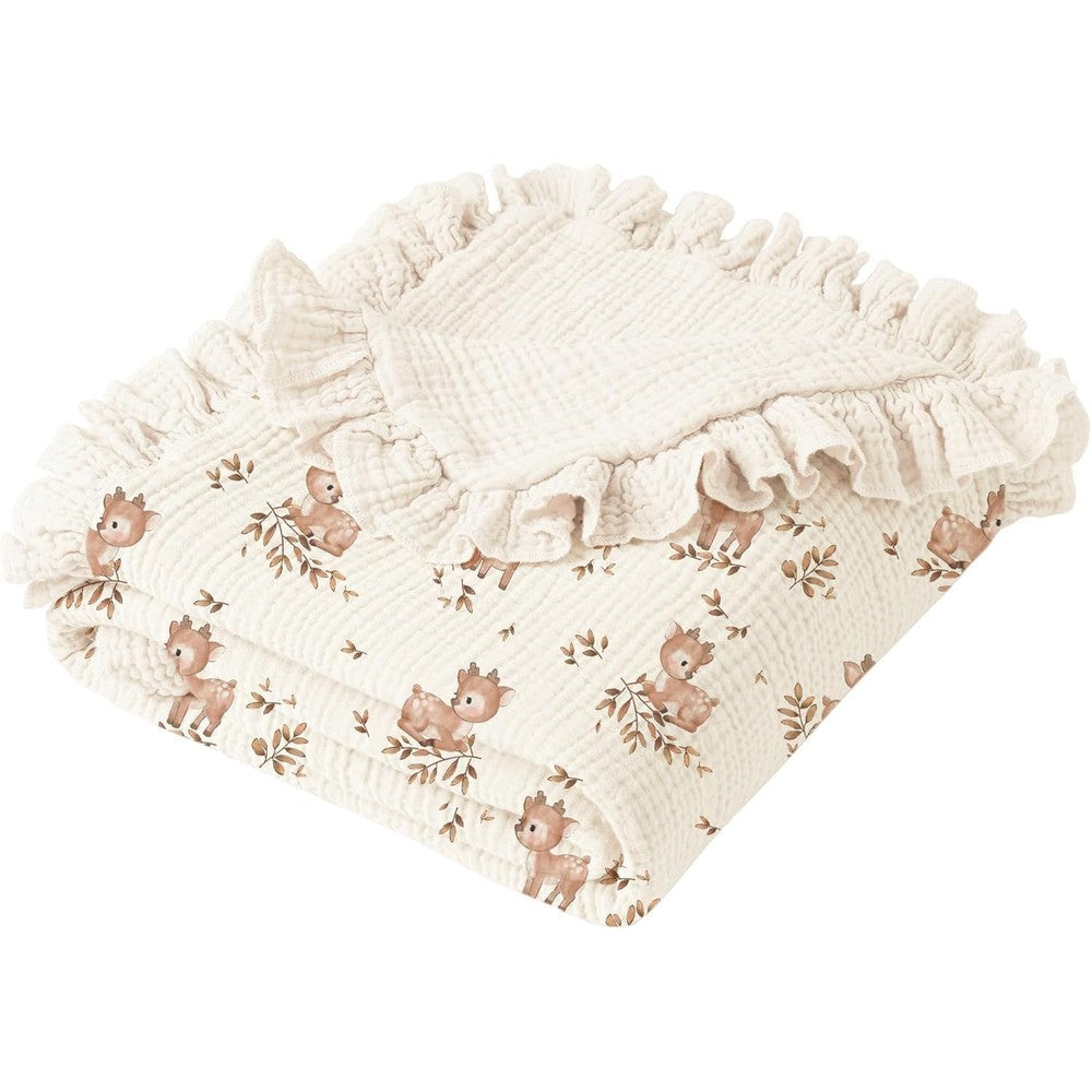 Konssy Flounce Muslin Baby Blanket front view showcasing the ruffled border and soft cotton texture.